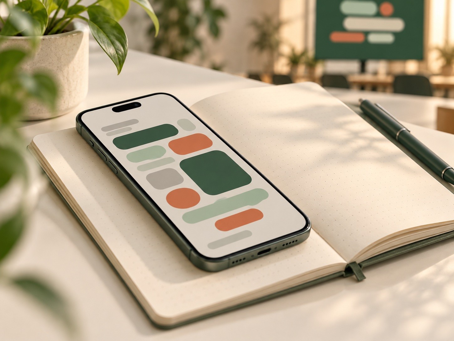 Celular sobre un cuaderno con una nube de palabras y la pantalla de la sala al fondo