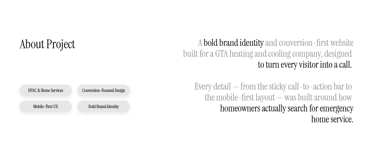 About Project section of the Best Home Heating and Cooling case study, outlining the project's design focus and key tags
