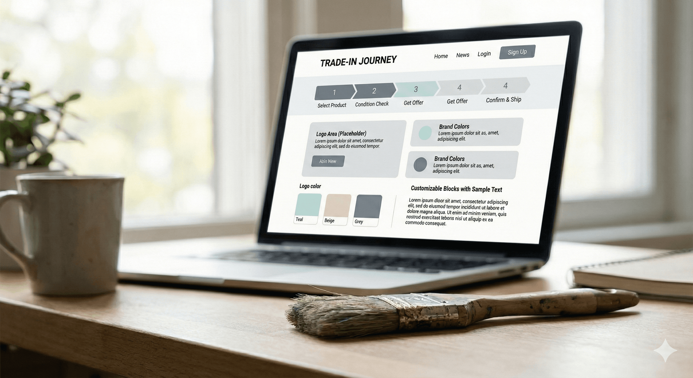 White-Label-Anpassung der Trade-In Software: Ein Laptop auf einem Schreibtisch zeigt ein Interface-Design-Tool. Zu sehen sind Platzhalter für Markenlogos, Farbauswahl-Paletten (Teal, Beige, Grey) und editierbare Textblöcke für eine nahtlose Integration in das Corporate Design des Händlers. Im Vordergrund liegt ein Pinsel als Symbol für die kreative Gestaltung.