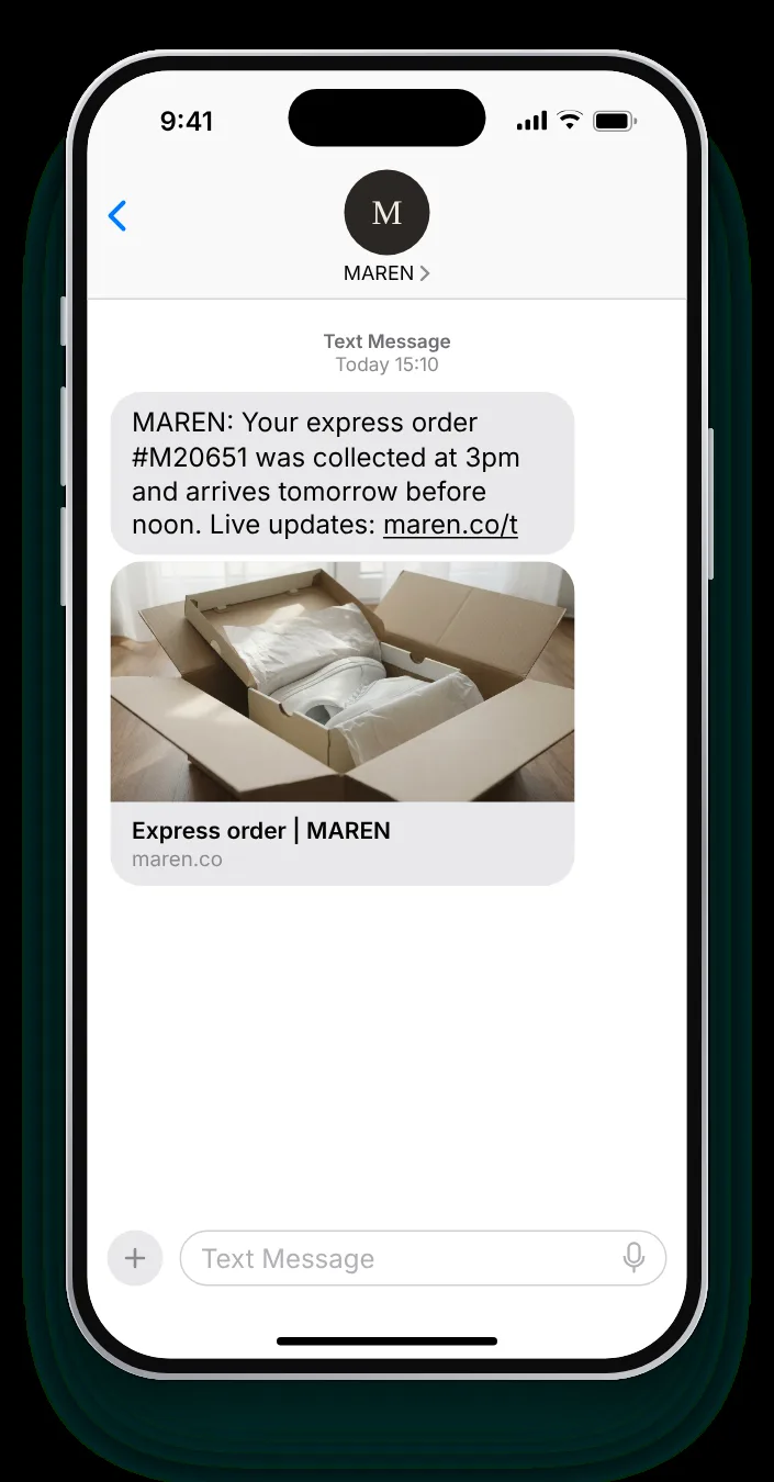 Next-day shipping, with a time shipping text on an iPhone