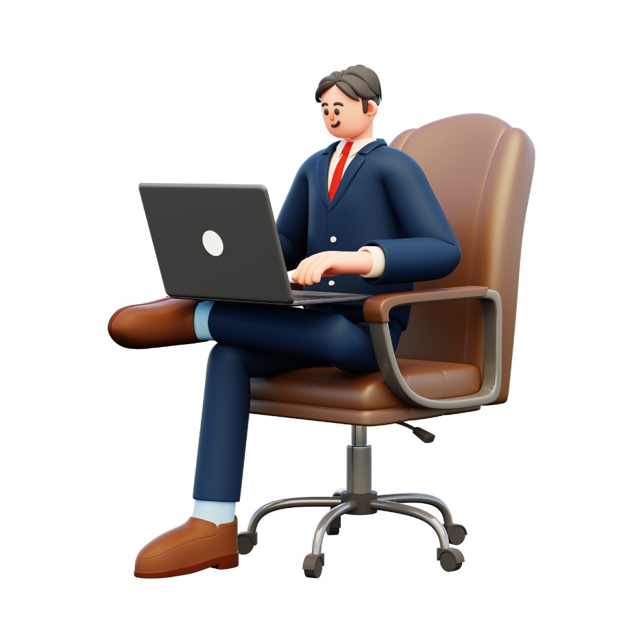 Illustration of a 3D character professional working on a laptop for Darien Websites, a Fairfield County website designer specializing in creating customer-attracting websites for businesses in Stamford, Greenwich, and beyond