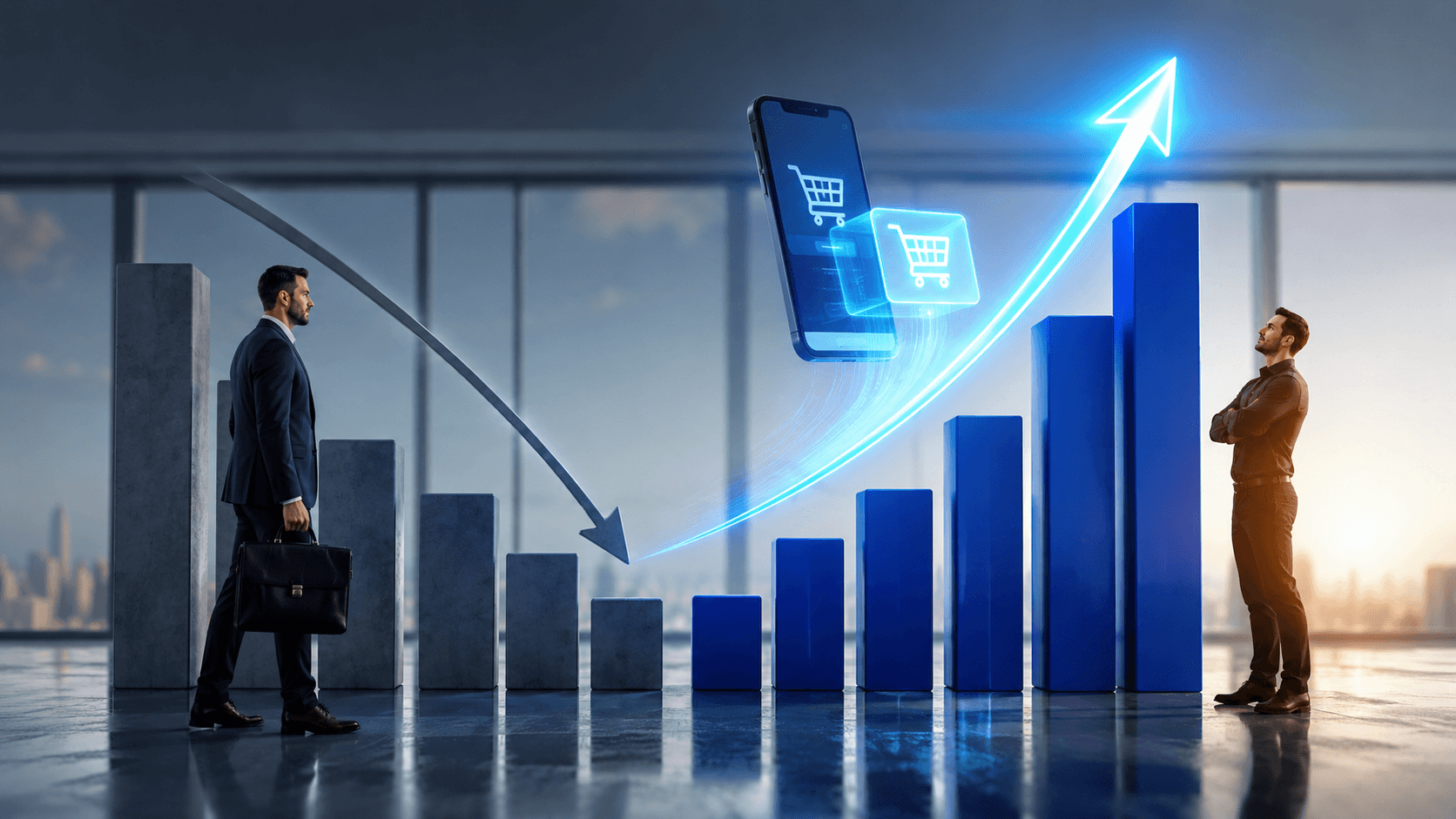 Ilustração 3D realista de um ambiente corporativo moderno representando a transição de vendas B2B tradicionais para o canal digital. Um grande gráfico de barras mostra o crescimento acelerado das vendas digitais, destacado por um smartphone com ícones de compra e uma seta ascendente luminosa. Ao lado, elementos ligados à venda por representantes aparecem em menor destaque, simbolizando a mudança de protagonismo. A cena transmite crescimento, transformação comercial, redefinição de metas e adaptação estratégica, com estética profissional, iluminação sofisticada e foco em tecnologia e performance empresarial.