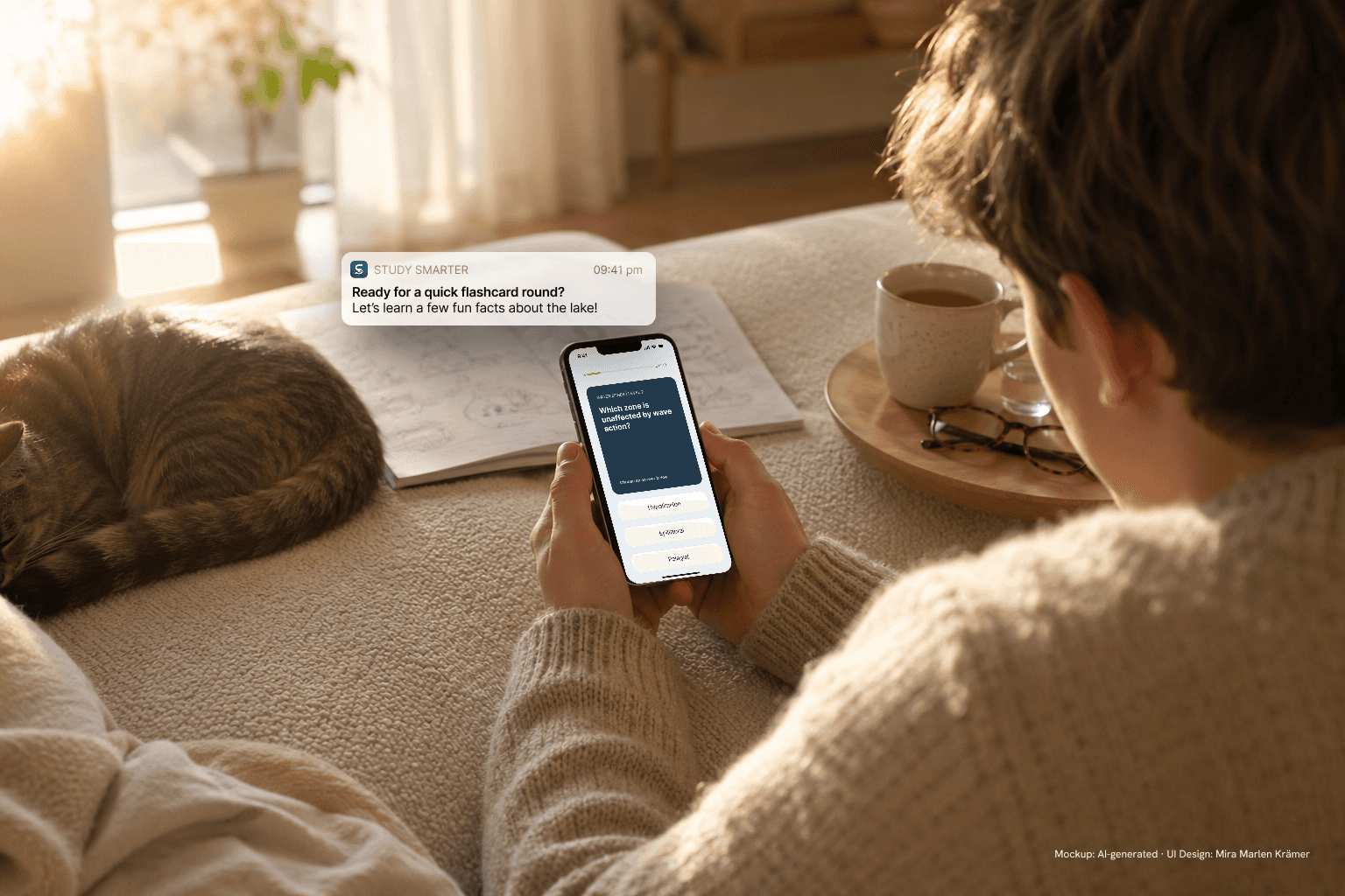StudySmarter flashcard quiz shown on a phone in a study setting, asking a multiple-choice question about lake ecosystems