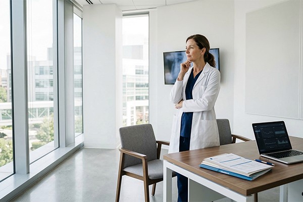 Woman with curly hair standing in a busy modern office.