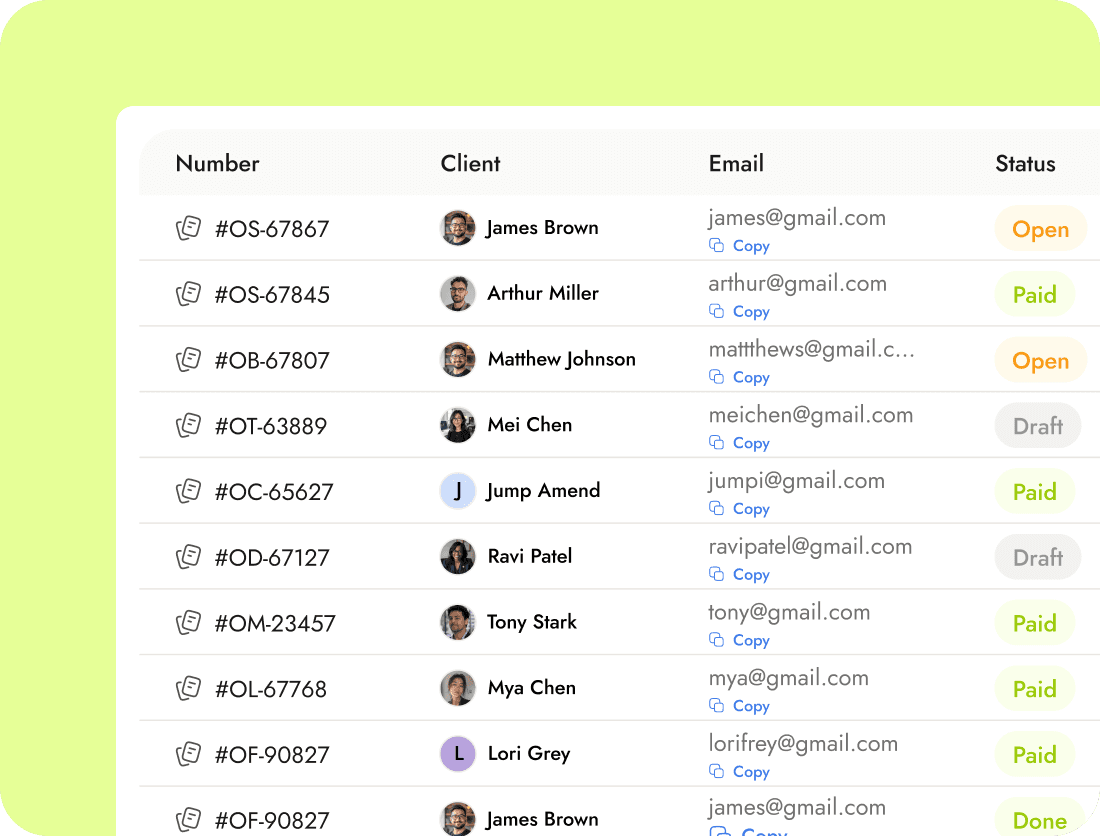 Invoice list interface