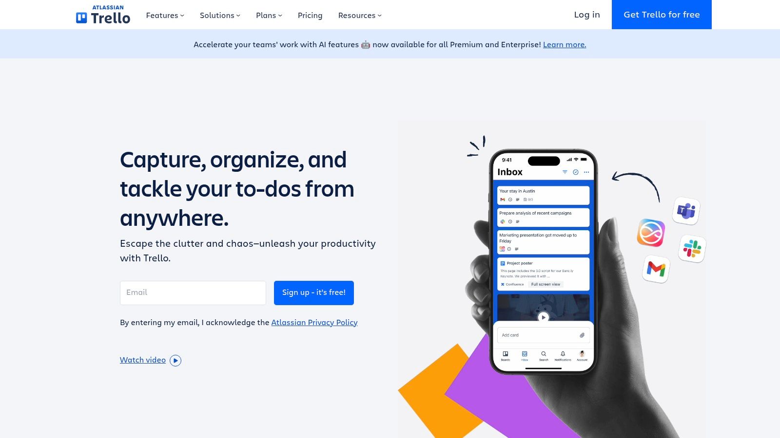 Trello board with lists and cards, showing a project workflow.