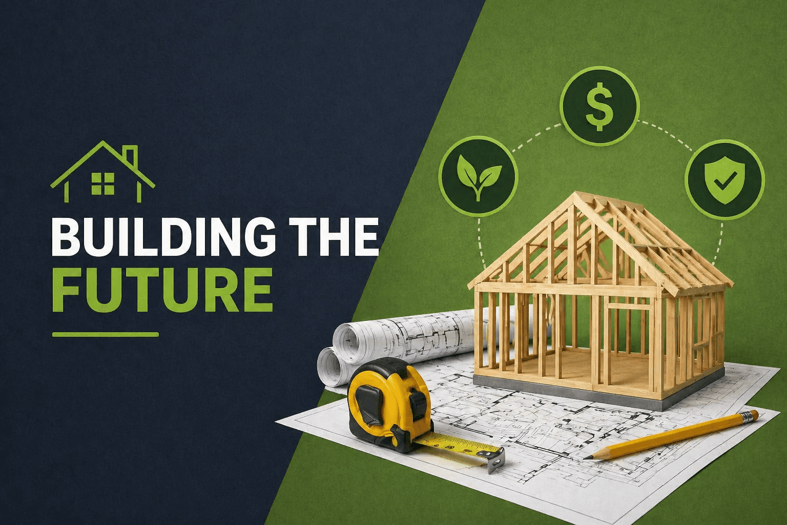 Modern house blueprint with construction tools and model