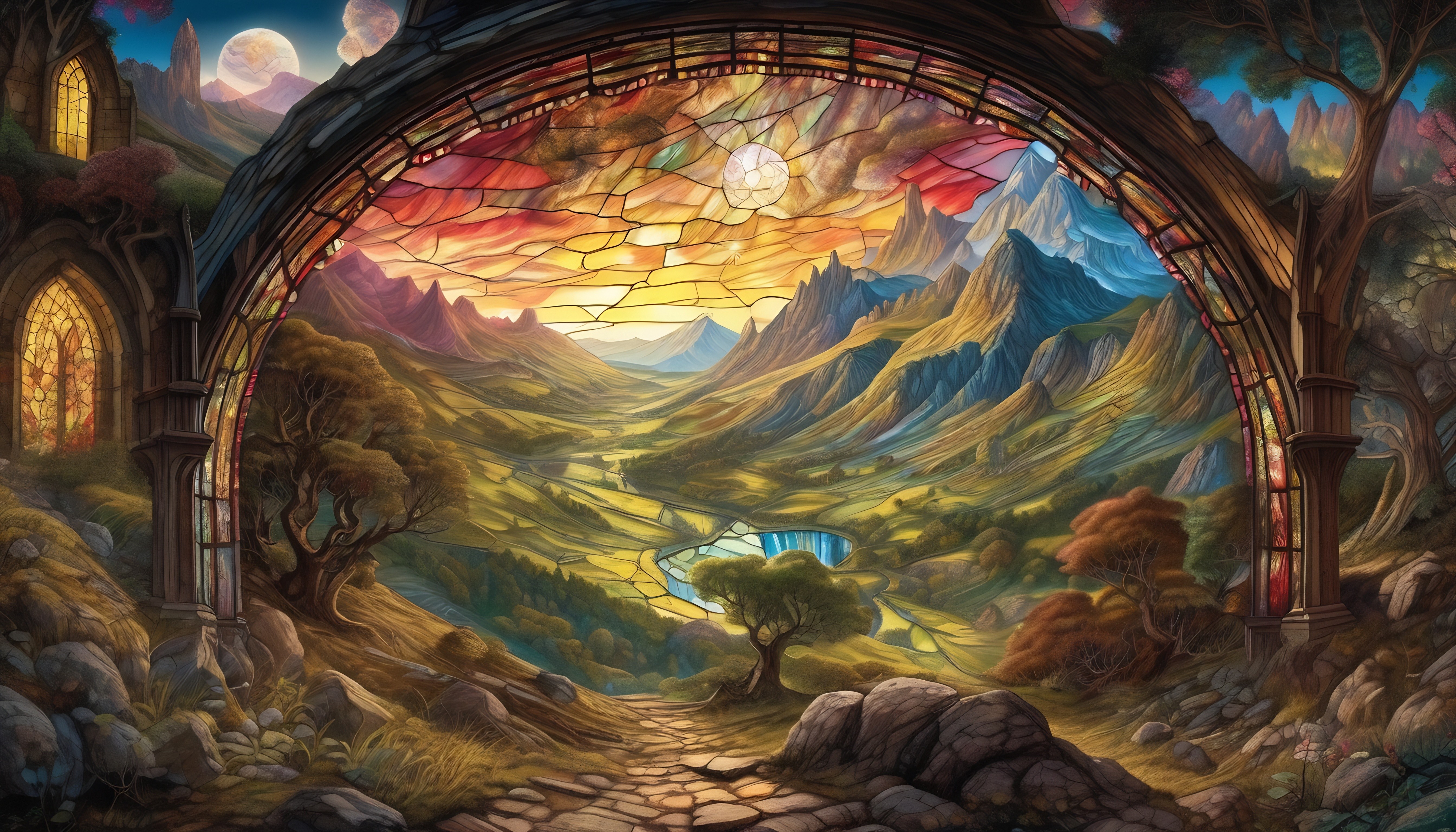 unexplored lands and the shining light of the sun, valleys and lands between the mountains