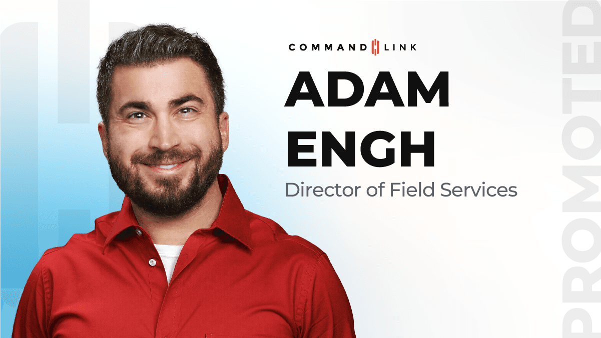 Promotional graphic announcing Adam Engh's promotion to Director of Field Services