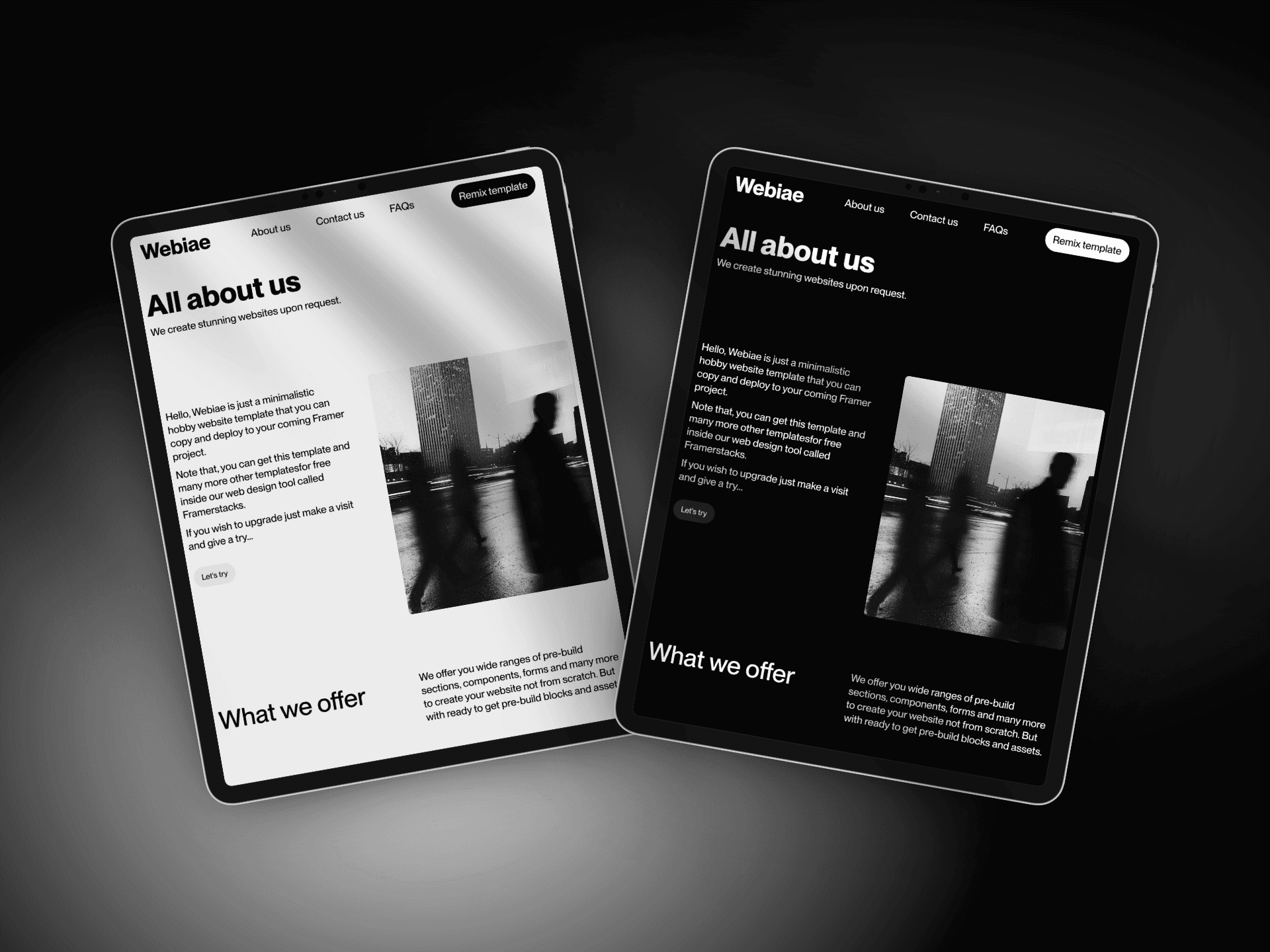webiae, a dark and light themed website template made in framer. This is webiae about us page mockup in a tablet