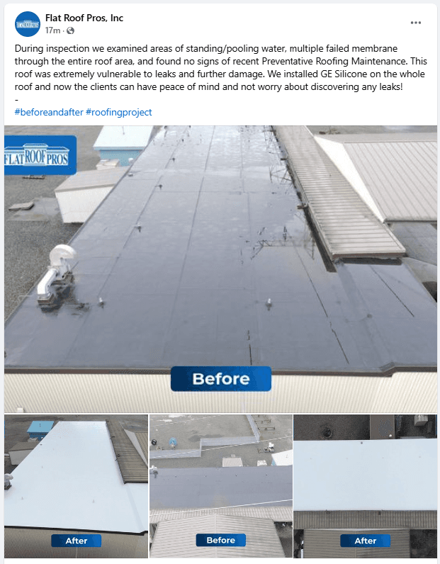 facebook post of a roofing company