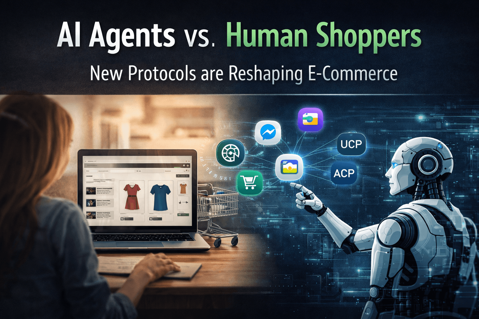 Illustration comparing human online shopping with AI agents using UCP and ACP protocols to evaluate and purchase products automatically.