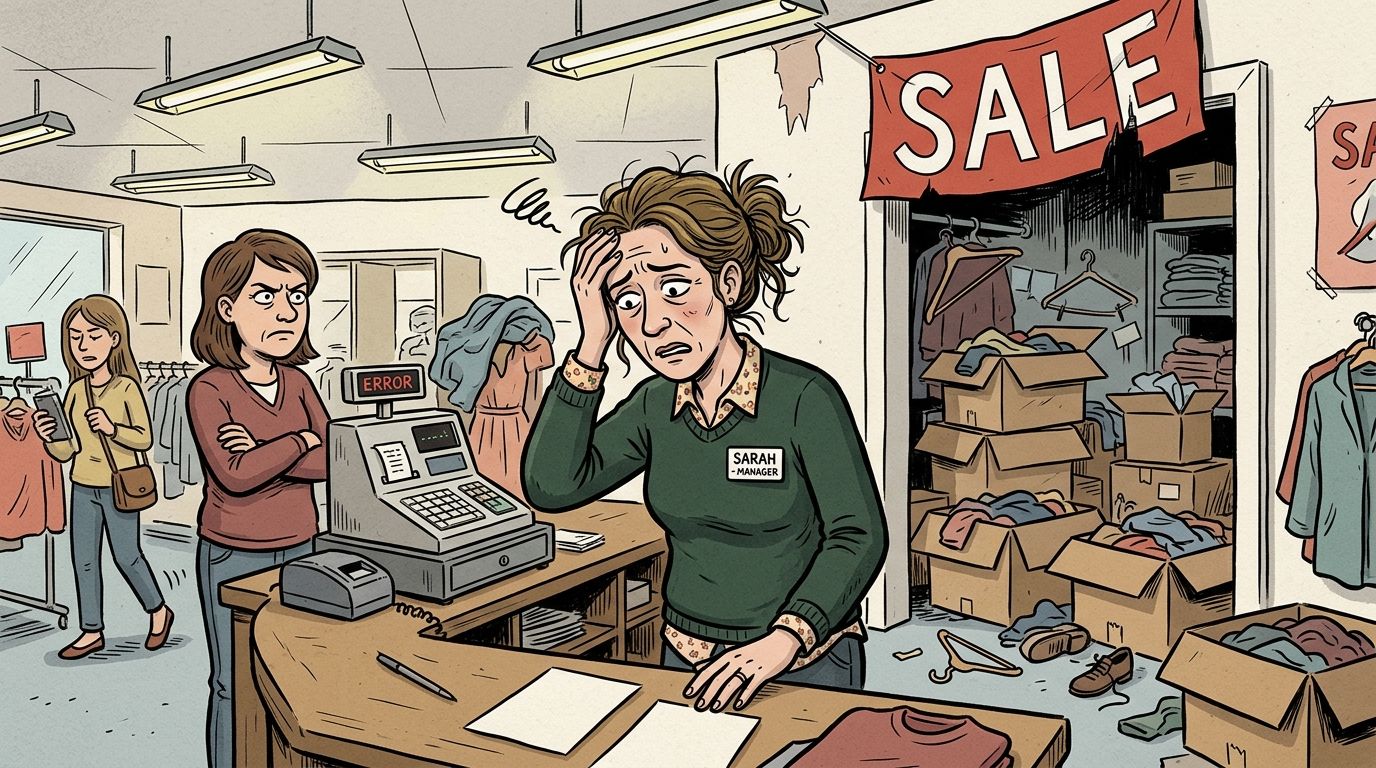 A stressed store manager named Sarah works at a messy checkout counter while an unhappy customer waits.