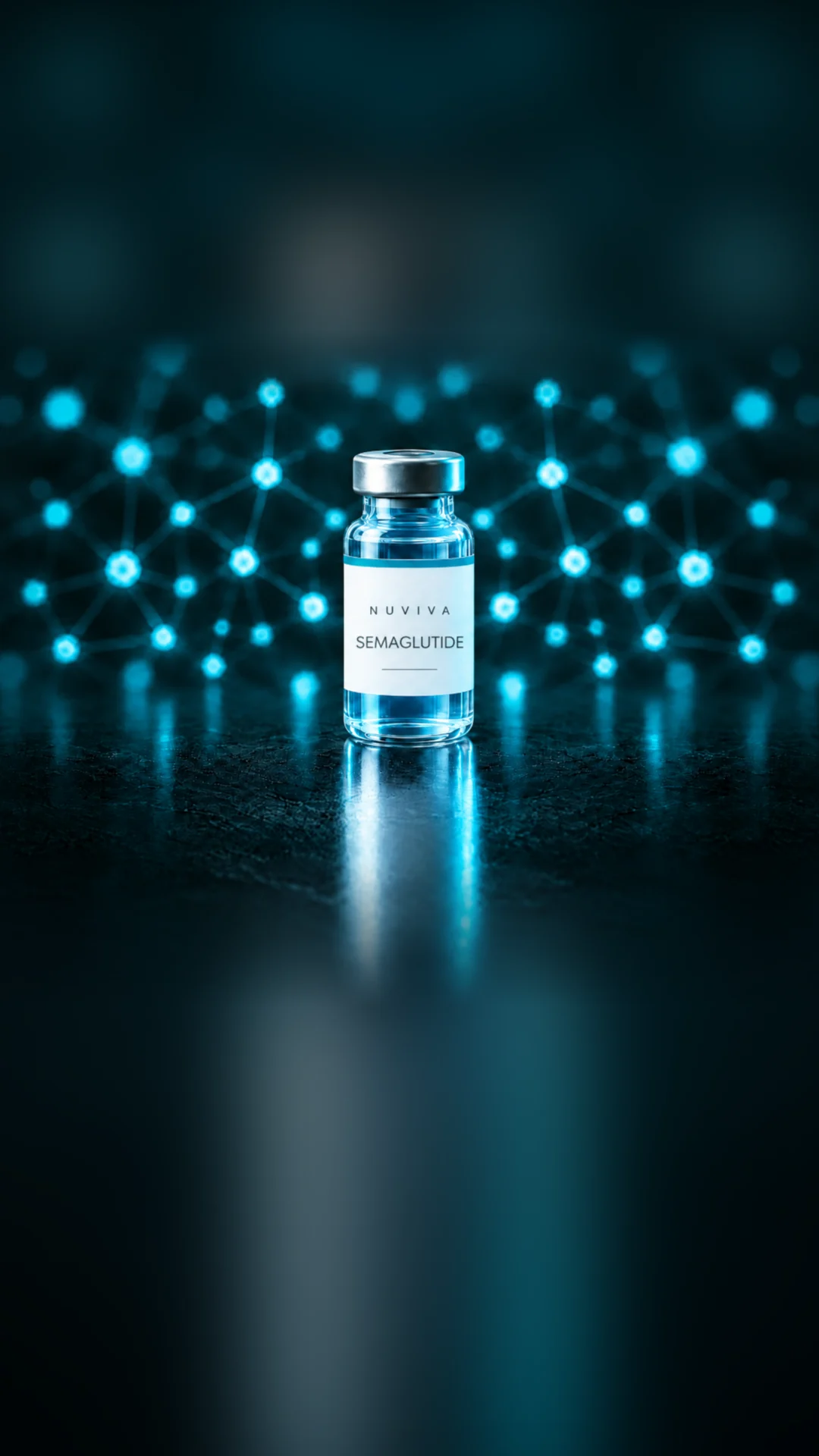 Nuviva vial labeled Semaglutide on a dark reflective surface with a teal glow