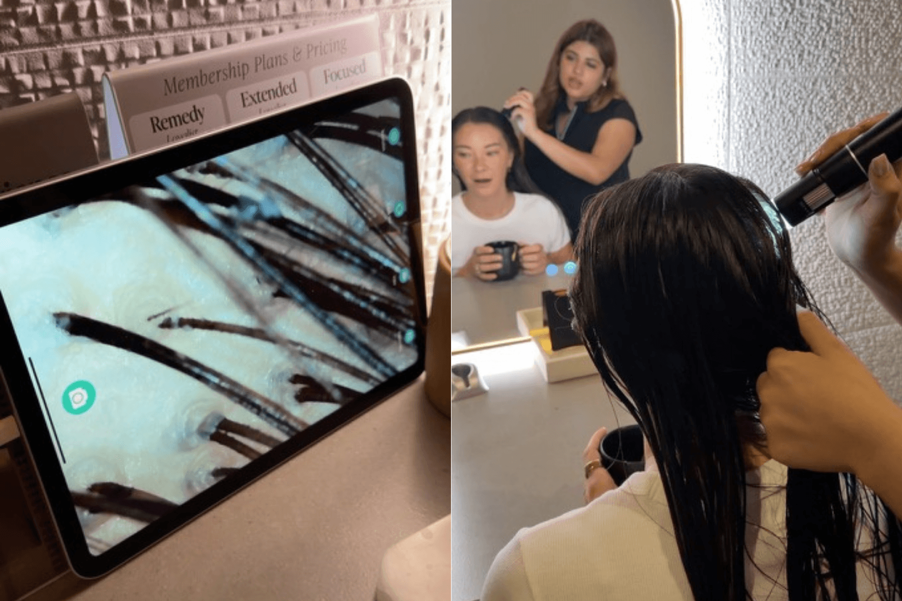 Split-screen photo and on the left, the up-close trichoscope view of the scalp and on the right, the client seeing her photo