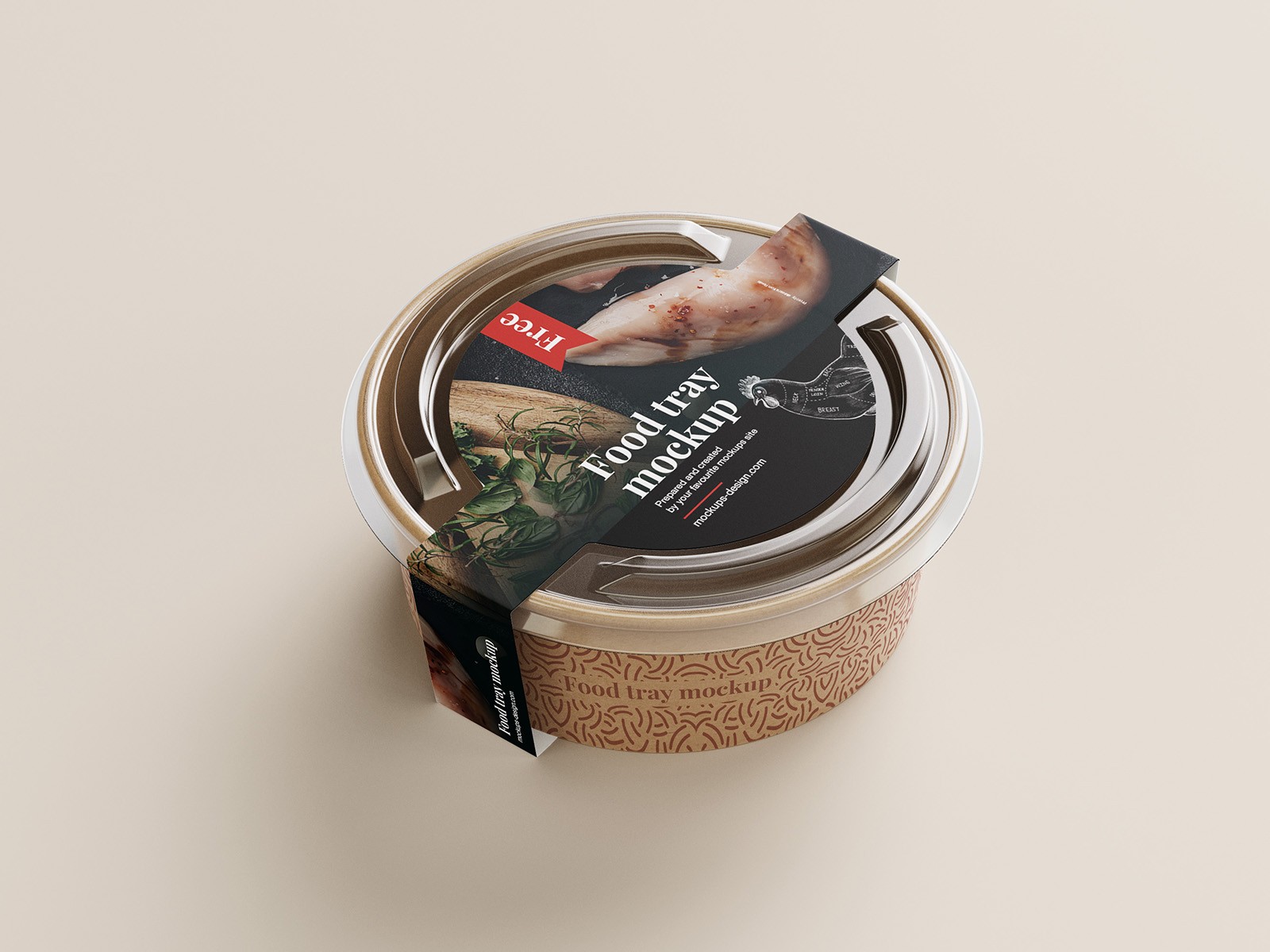 Round food tray with a clear lid and ornate brown base. A black sleeve label reads "Food tray mockup" with an image of herbs and a prepared dish. Clean and professional design conveys freshness and quality.