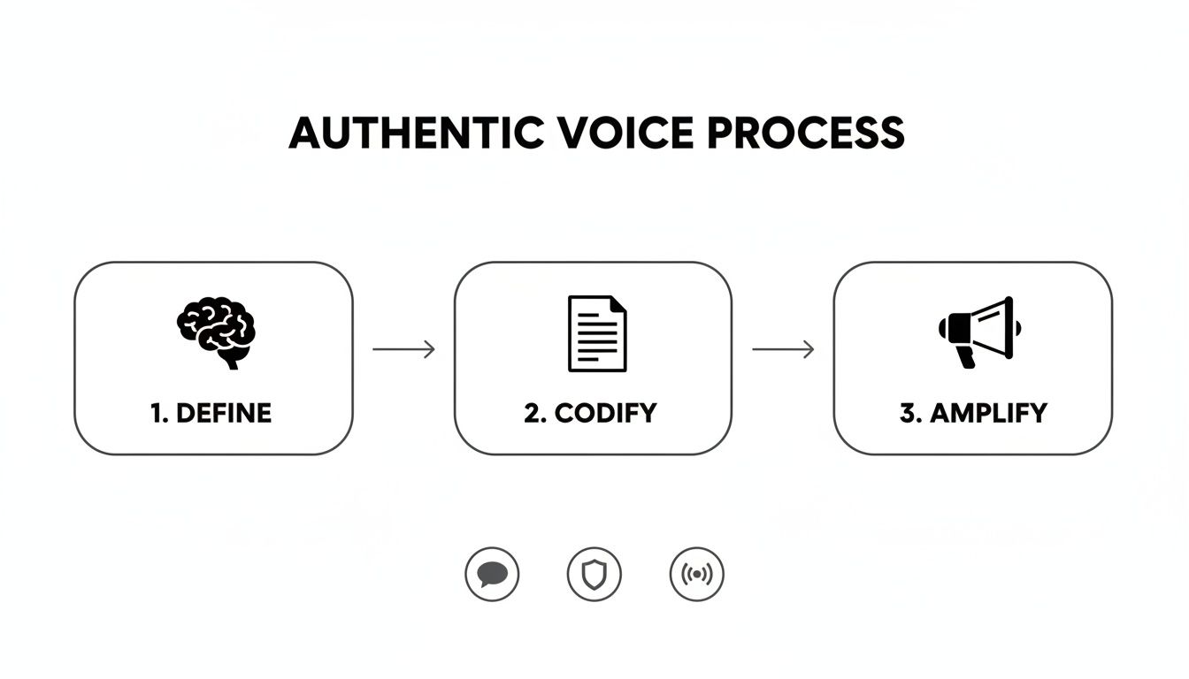 A diagram illustrating the Authentic Voice Process with three steps: Define, Codify, and Amplify.