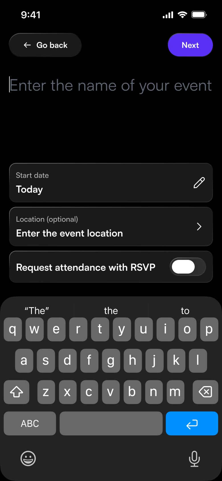 Schermata dell’app di togevent durante la fase di creazione evento, con inserimento nome, data e location in modo semplice e guidato.