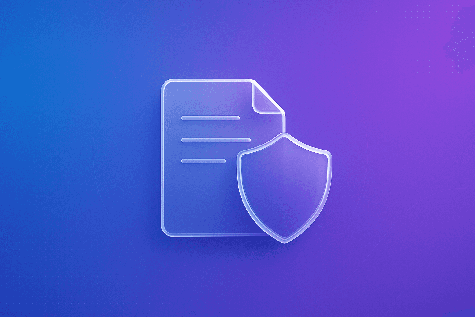 Insurance policy document with a protective shield icon on a blue and purple gradient background. Premium compliance design.