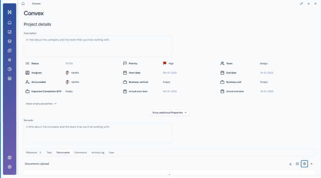 A structured project information panel that enables teams to assign accountability, set priorities, and track planned vs actual timelines with clarity.