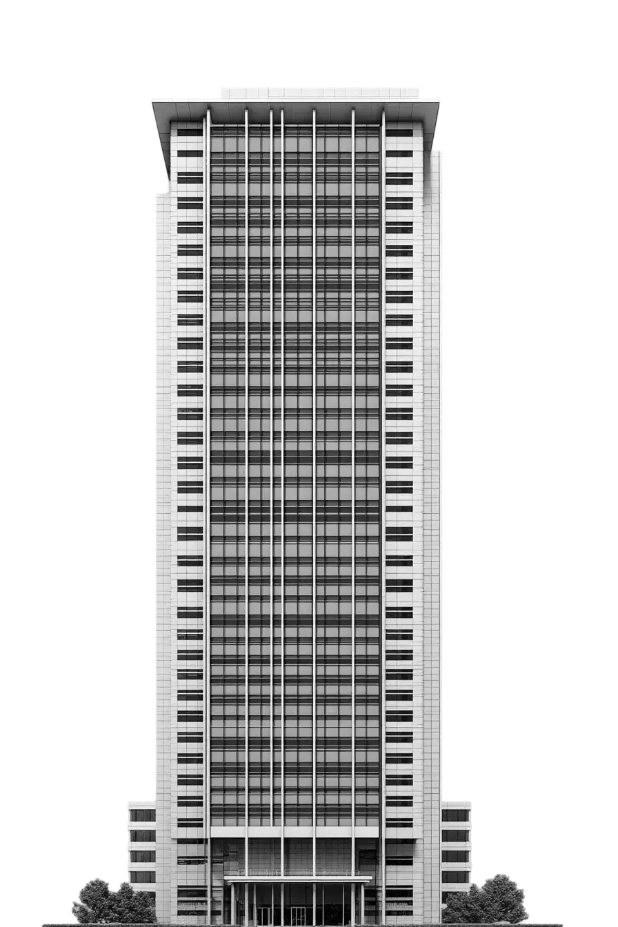 Façade symétrique d’une tour de bureaux moderne avec lignes verticales et entrée centrale vitrée.