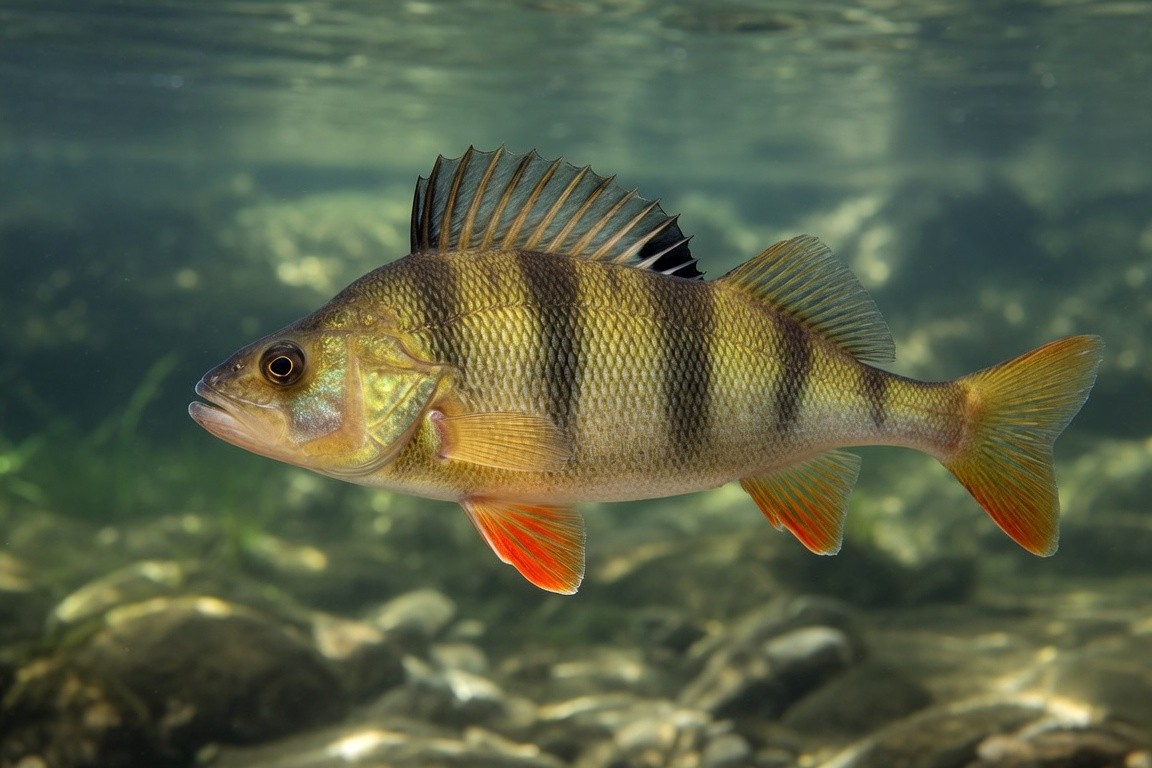A European perch with dark vertical bars and red fins