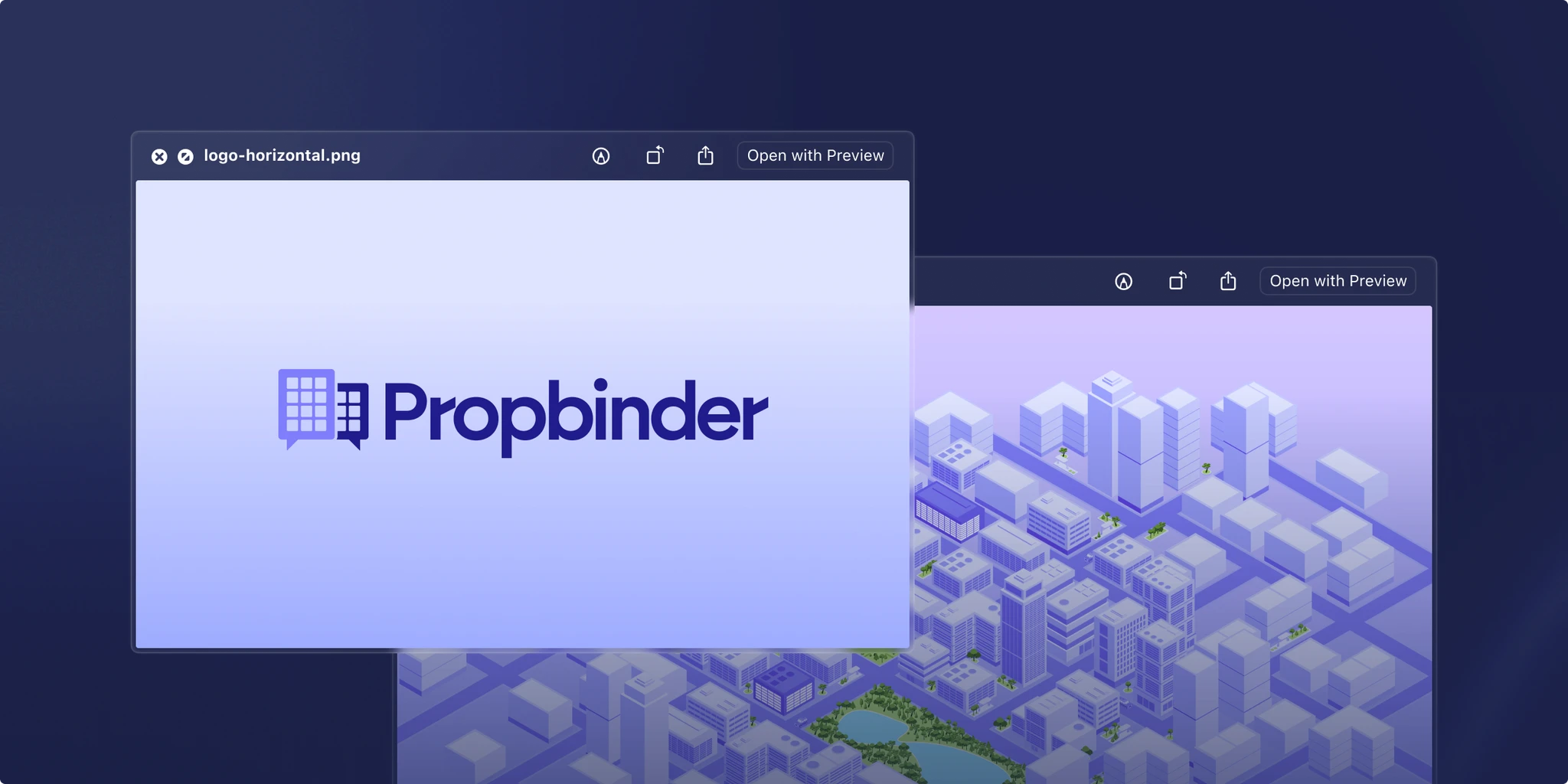 Horizontal logo of Propbinder displayed on a purple background, accompanied by an isometric illustration of a cityscape with buildings and green areas.