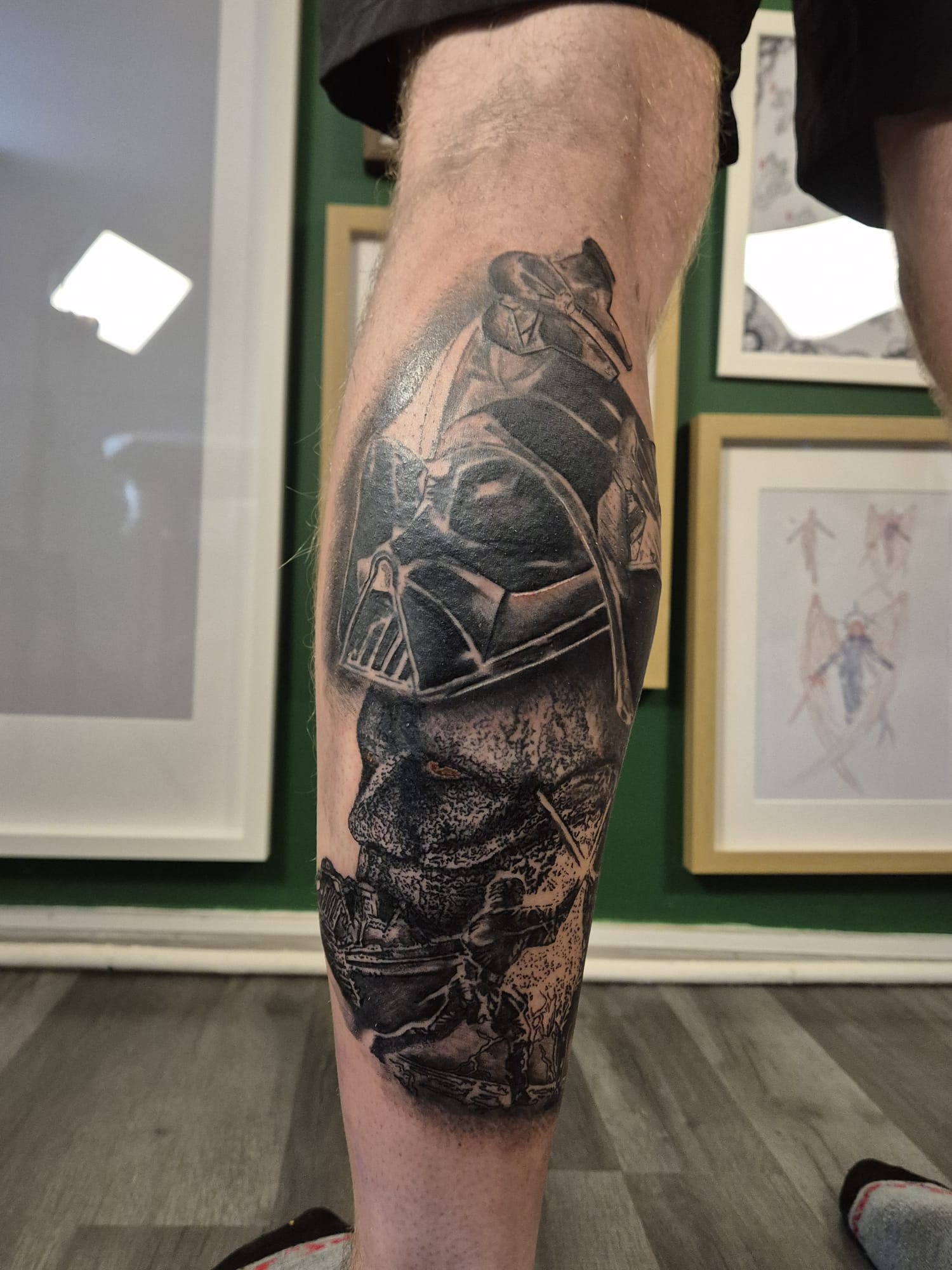 Black and grey forearm tattoo sleeve with dragon and shading in Hazel Grove