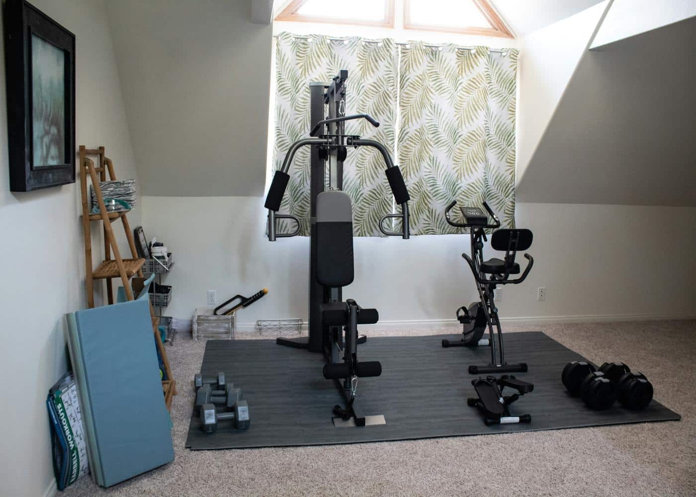 Home gym essentials: picture of a multi-gym and exercise bike on an equipment mat