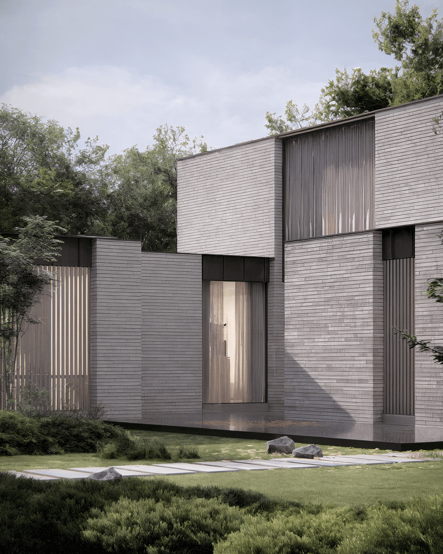 Hoekaanzicht van moderne villa Grayhouse met vijver en tuin