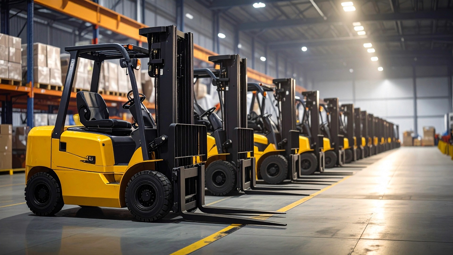 warehouse full of forklift trucks by stacatruc