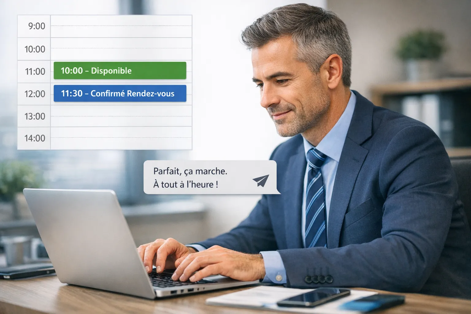 Un commercial envoie un court message sur son ordinateur avec deux créneaux de calendrier mis en évidence, illustrant une prise de rendez-vous rapide et simple.