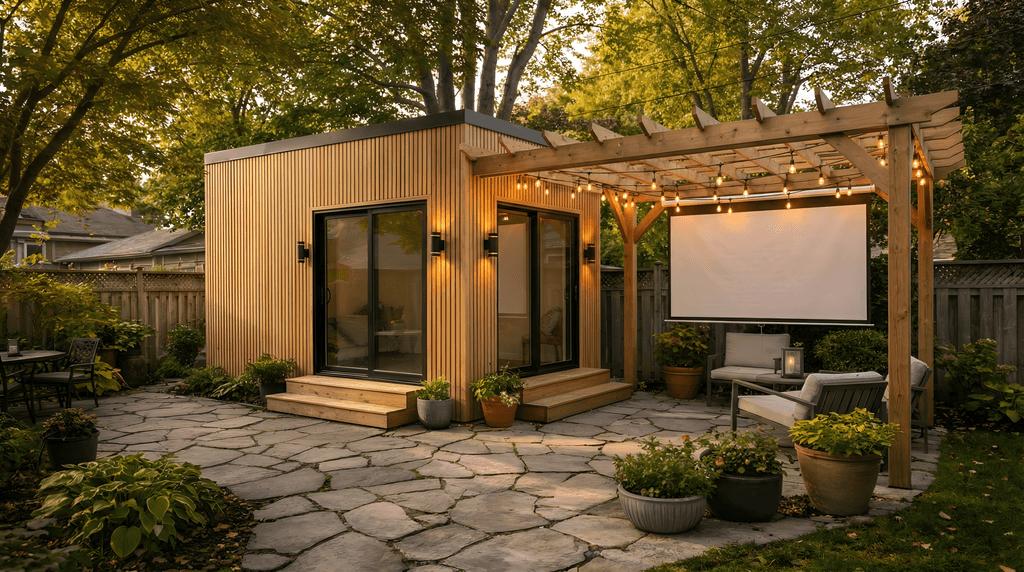 bunkie in local backyard with projector