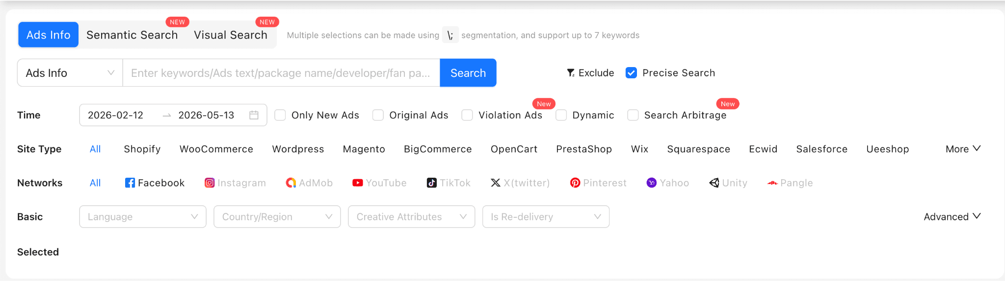 BigSpy ad search database with filters