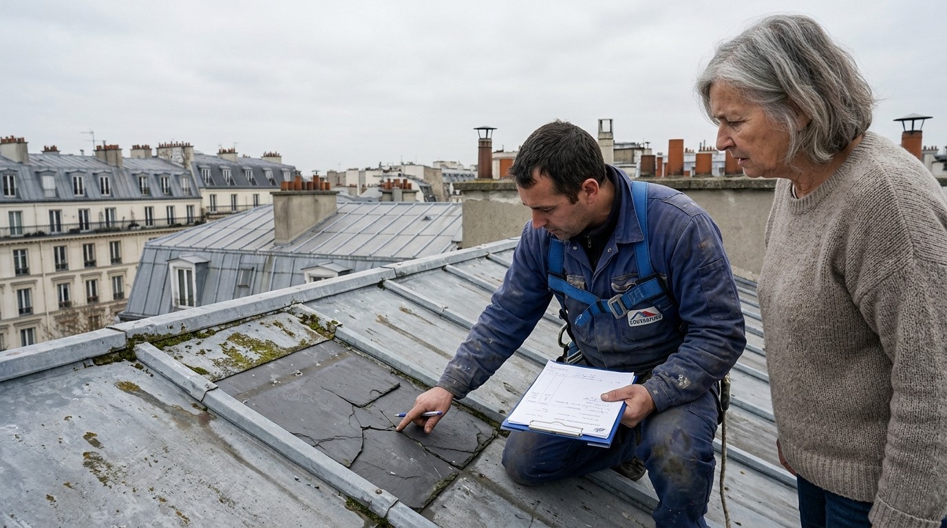 Une inspection de toiture à Paris avec un professionnel de roofnow et sa cliente.