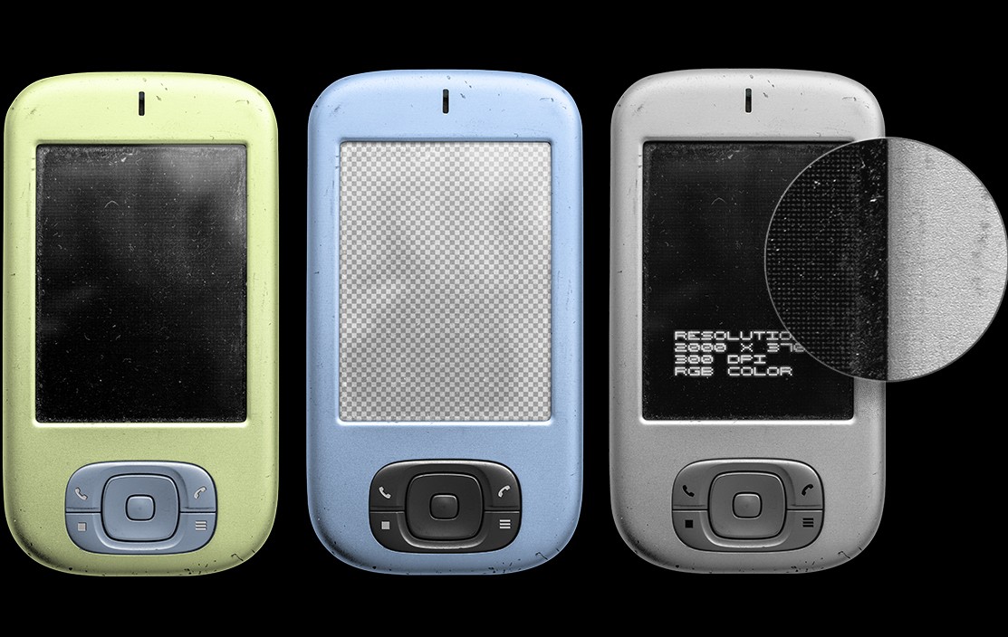 Retro smart device mockup screen texture detail with scratches and pixel display