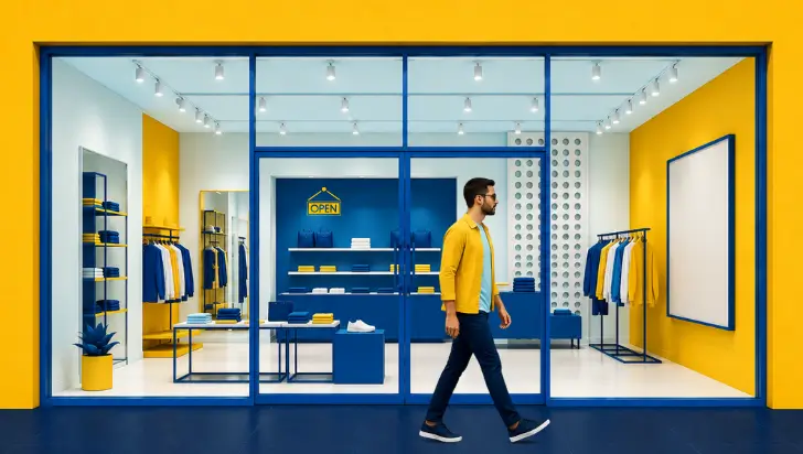 Man walking past a vibrant yellow and blue retail storefront with an open sign.