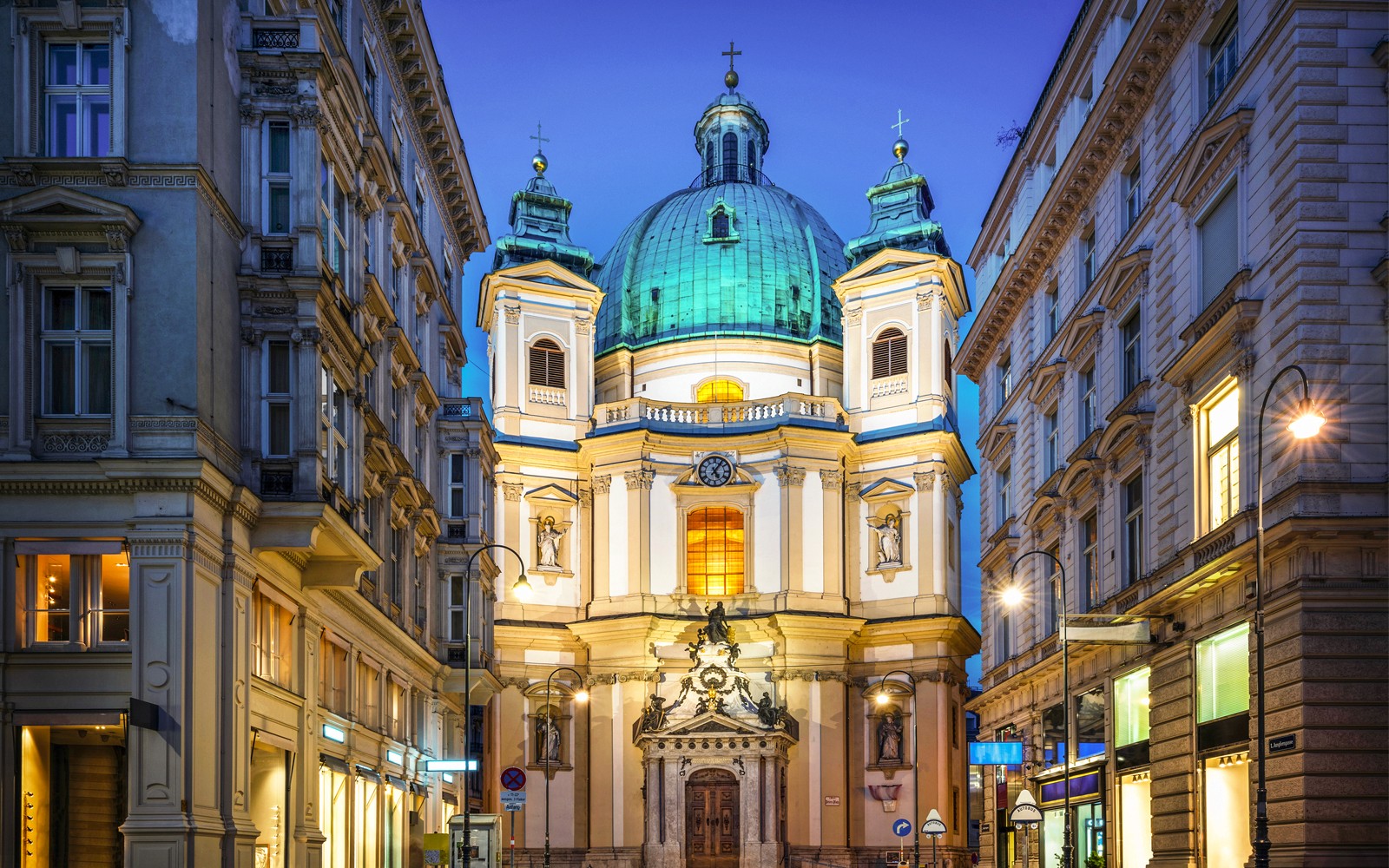 St. Peter's Church in Vienna illuminated at night, venue for Christmas and New Year's concert.