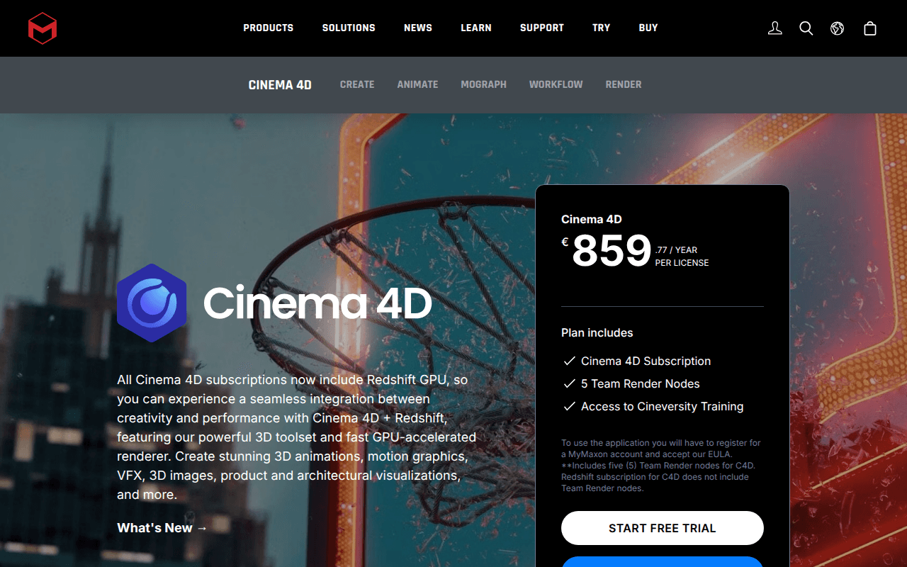 Cinema 4D product page screenshot showing pricing and motion graphics software features