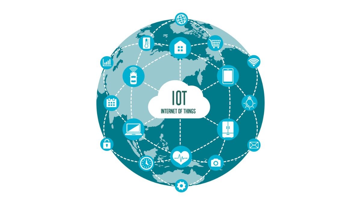 Illustration of a cloud labeled Internet of Things surrounded by connected device icons like a car, smartphone, smartwatch, camera, and appliances, representing the global IoT ecosystem.