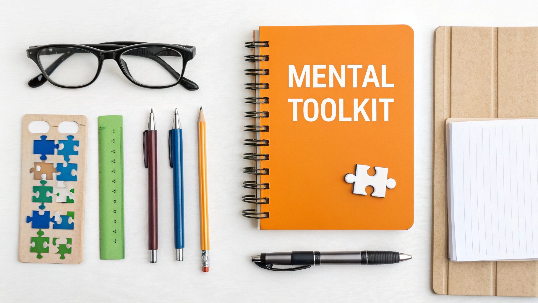 Flat lay of an 'MENTAL TOOLKIT' notebook, pens, pencils, ruler, eyeglasses, and puzzle pieces.