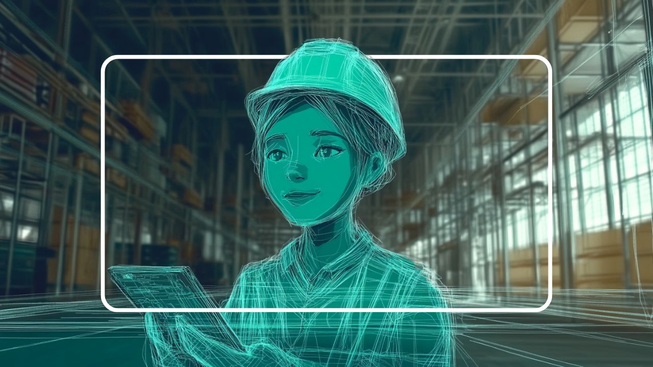 Digital illustration of a female engineer in a hard hat using a tablet inside a warehouse