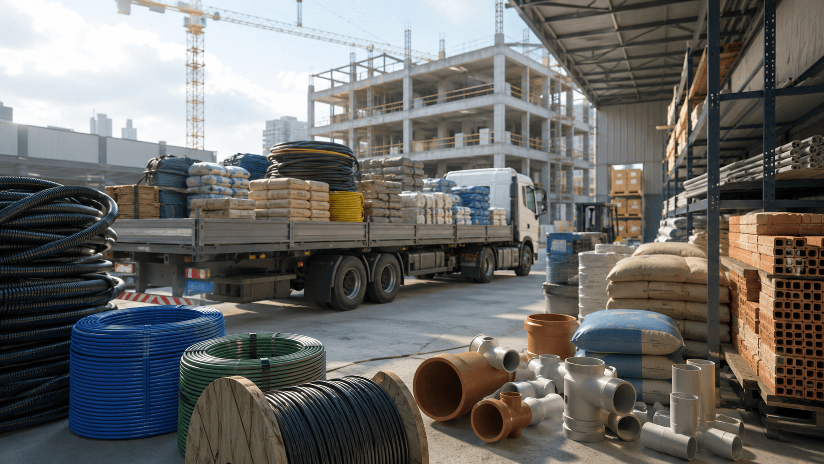 Cena 3D realista de um centro de distribuição de materiais elétricos, hidráulicos e de construção, com caminhão carregado, tubos, fios, conexões e pallets organizados em um galpão industrial. Ao fundo, uma obra em andamento com estrutura de concreto e guindastes representa o contexto de orçamento por obra e entrega fracionada. A imagem transmite logística B2B, operação de distribuidora e abastecimento para construção civil, sem pessoas e sem elementos de texto.