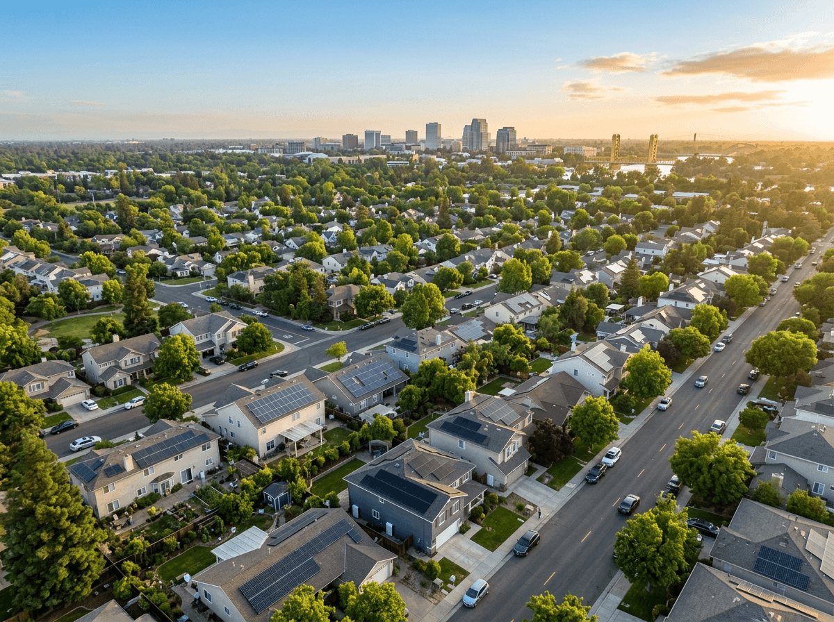 Sacramento neighborhood with solar panels and battery storage on residential homes