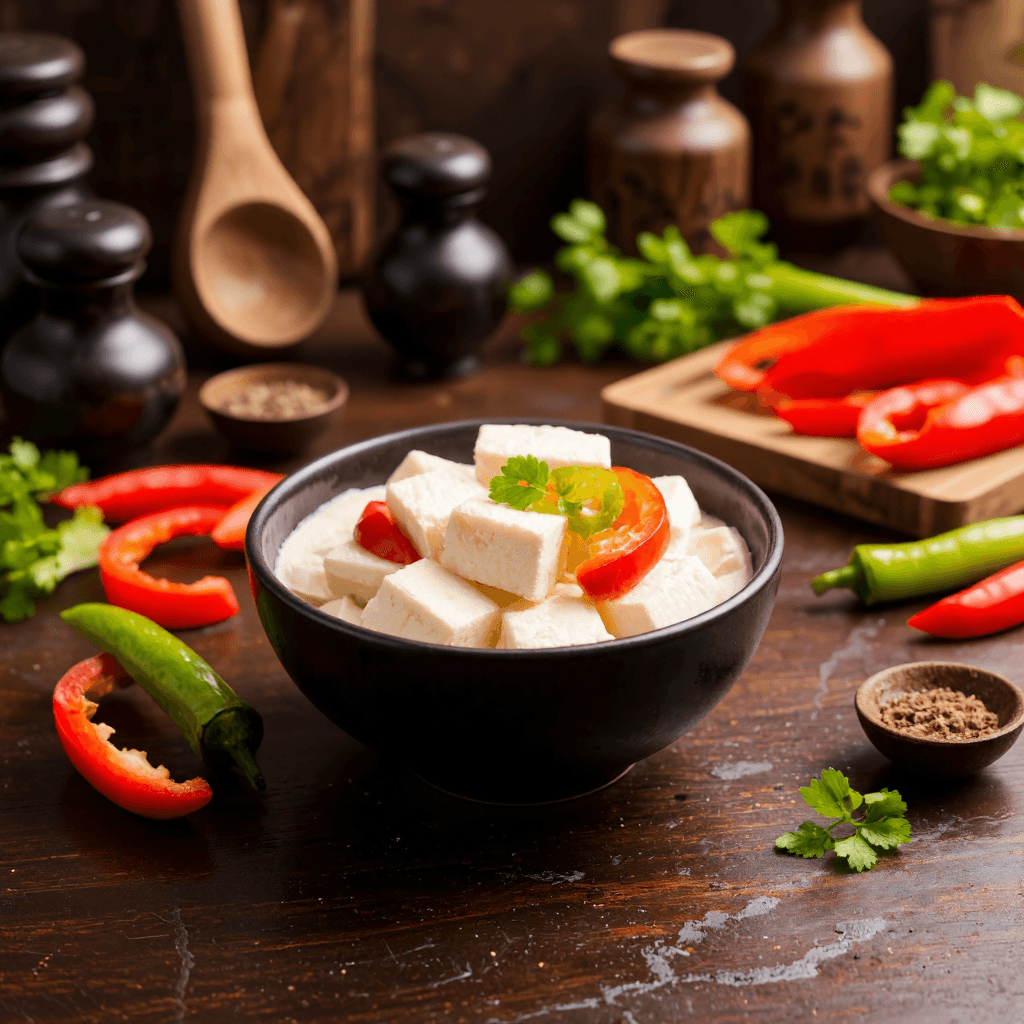 product photography of a bowl of soft tofu with sliced peppers for garnish