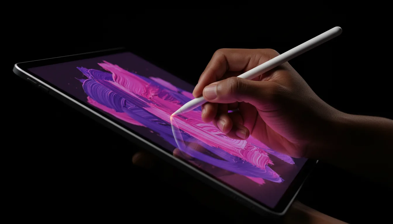 DSLR product photography, cinematic close-up of a dark-skinned hand holding a white Apple Pencil over an iPad screen. The scene features dramatic, high-contrast studio lighting against a pure black background, creating deep shadows. The pencil tip glows subtly as it creates thick, expressive, painterly digital brush strokes in vibrant shades of purple and magenta on the screen. Sharp focus on the hand and the sleek, matte finish of the stylus.