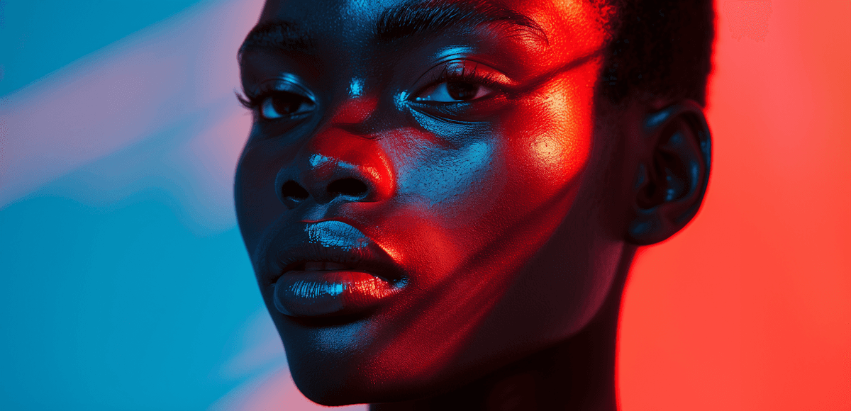 A close-up portrait of a person with a shiny face, illuminated by red and blue lighting.