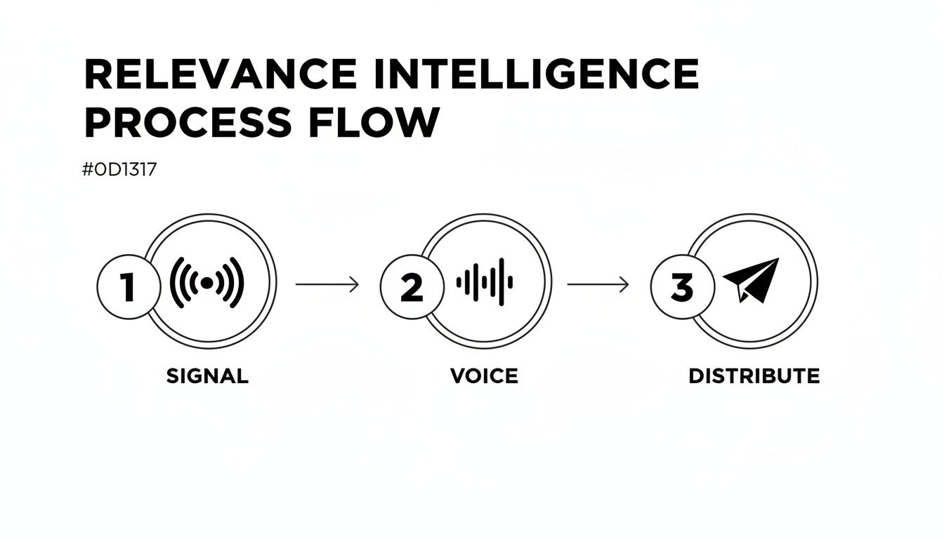 A diagram illustrating the three-step Relevance Intelligence process flow: Signal, Voice, and Distribute.