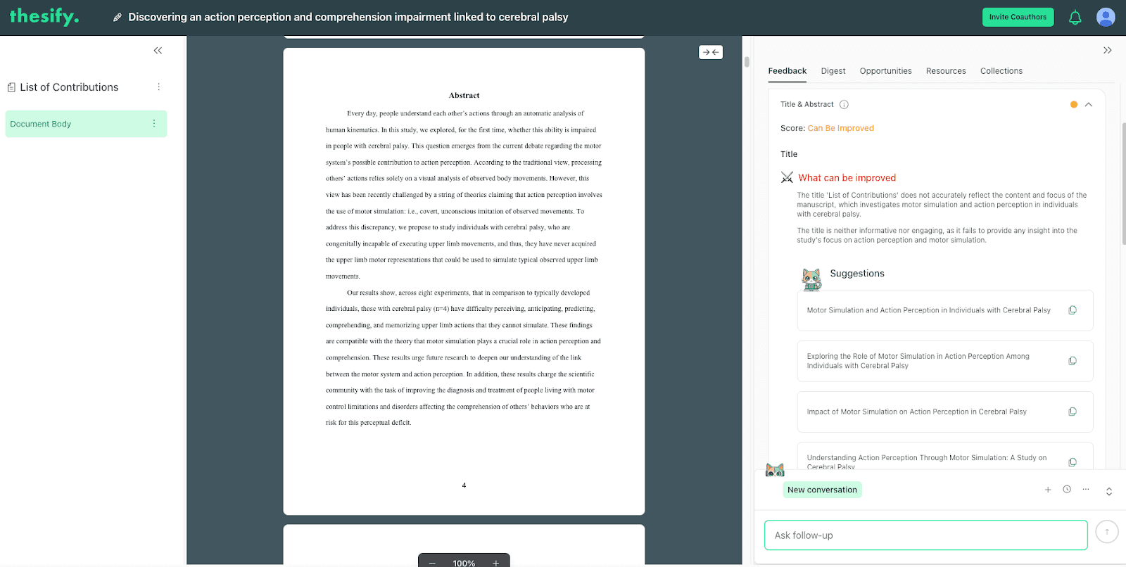 thesify interface showing a manuscript view and title and abstract feedback with improvement notes and suggested titles