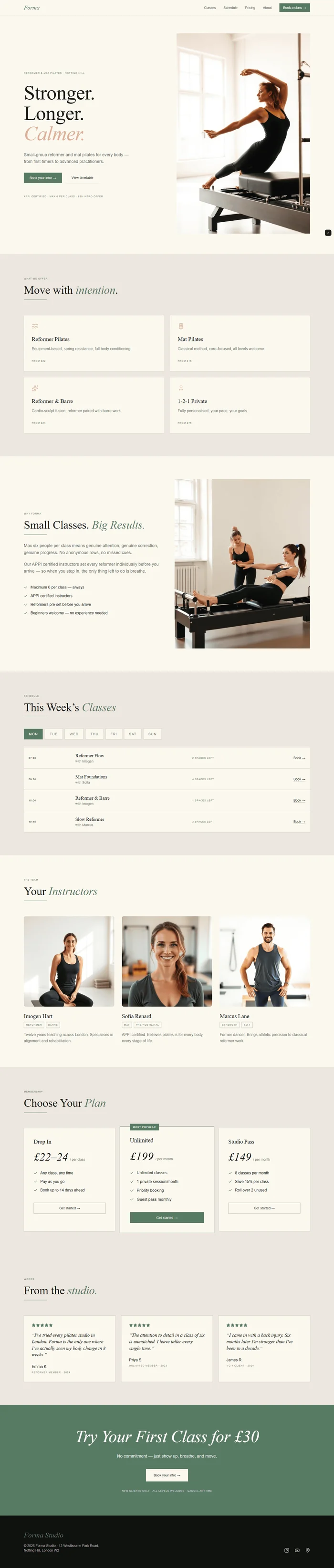 Pilates studio website prompt full preview — warm white #faf9f5 background with sage green #528a6e primary and clay #c9927a accent, DM Serif Display hero headline in split layout with tall floating portrait image, four class type cards in two-by-two grid with sage borders and clay lucide icons, seven-day timetable with shadcn/ui tabs interface, and three-tier pricing section with Unlimited plan highlighted in sage border with Most Popular badge